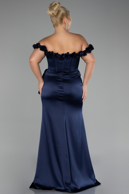 Robe De Soirée Grande Taille Satin Longue Bleu Marine ABU4046