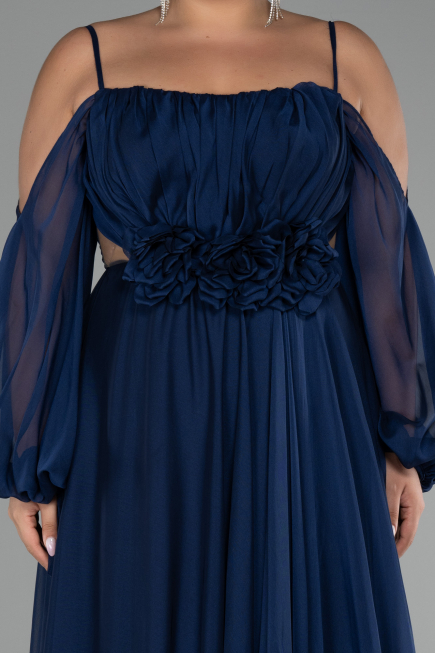 Robe De Fiançailles Grande Taille Longue Mousseline Bleu Marine ABU4167