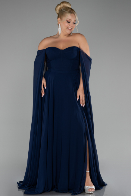 Robe Grande Taille Longue Mousseline Bleu Marine ABU4161