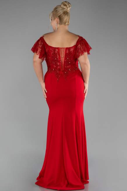 Robe de Soirée Grande Taille Longue Dantelle Rouge ABU2571