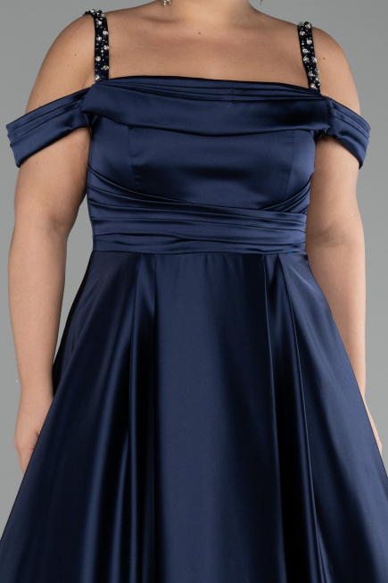 Robe De Fiançailles Grande Taille Longue Satin Bleu Marine ABU4207
