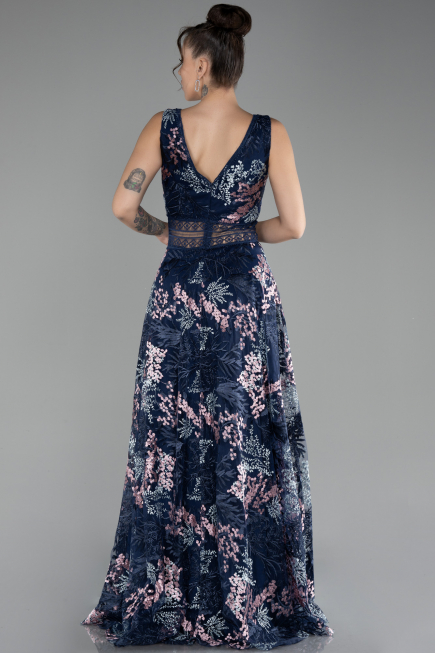 Robe de Soirée Longue Lacé Bleu Marine ABU4244