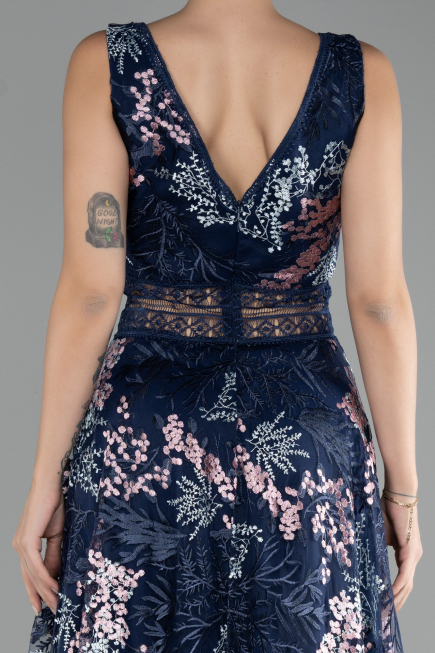 Robe de Soirée Longue Lacé Bleu Marine ABU4244