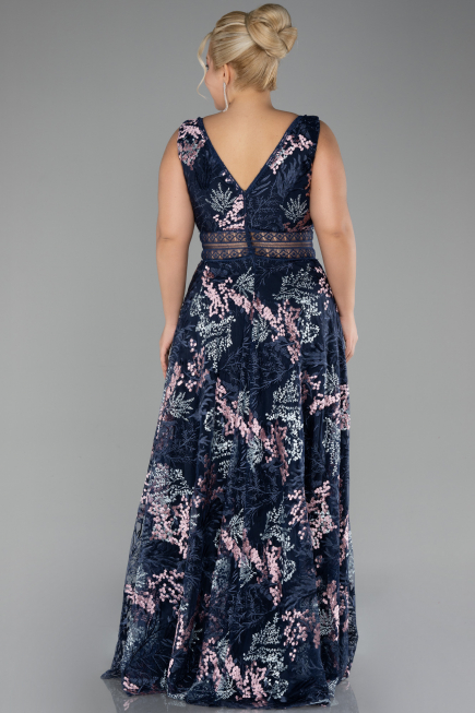 Robe De Soirée Grande Taille Longue Lacé Bleu Marine ABU4261