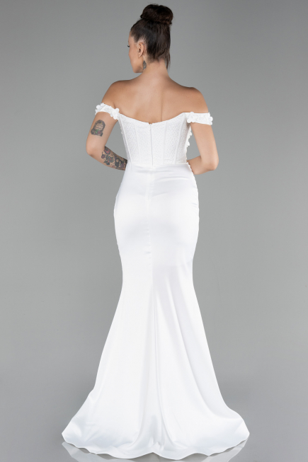 Robe de Soirée Longue Satin Blanc ABU4264