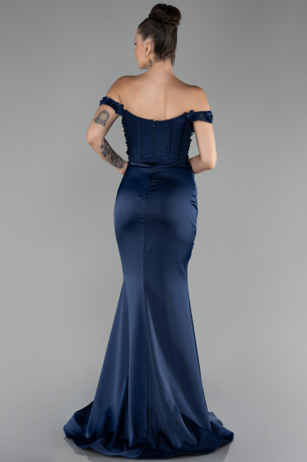 Robe de Soirée Longue Satin Bleu Marine ABU4264