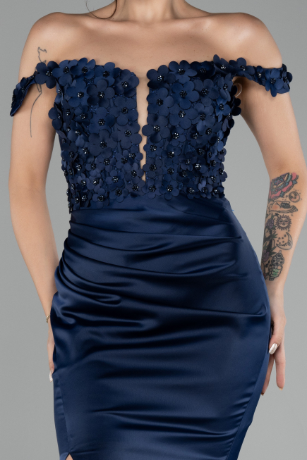 Robe de Soirée Longue Satin Bleu Marine ABU4264