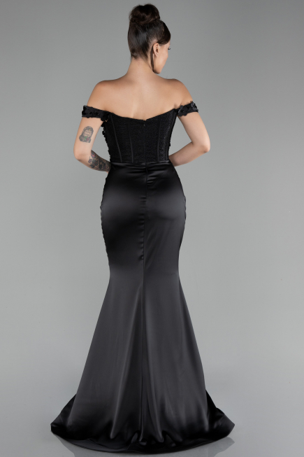 Robe de Soirée Longue Satin Noir ABU4264