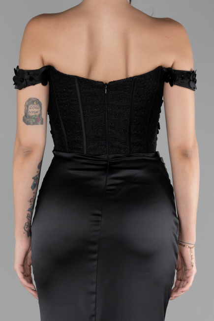 Robe de Soirée Longue Satin Noir ABU4264