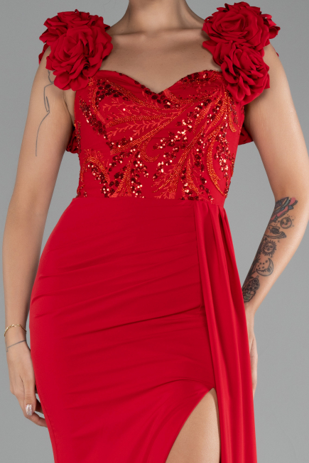 Robe de Soirée Longue Mousseline Rouge ABU4272