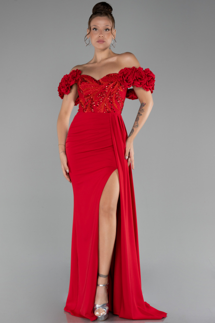 Robe de Soirée Longue Mousseline Rouge ABU4272