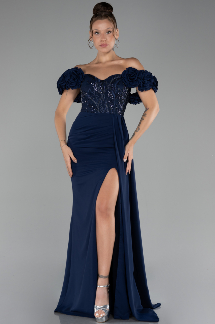 Robe de Soirée Longue Mousseline Bleu Marine ABU4272
