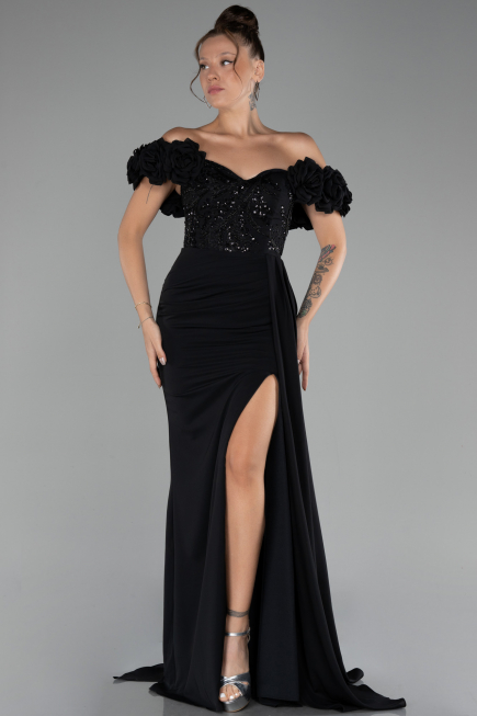 Robe de Soirée Longue Mousseline Noir ABU4272