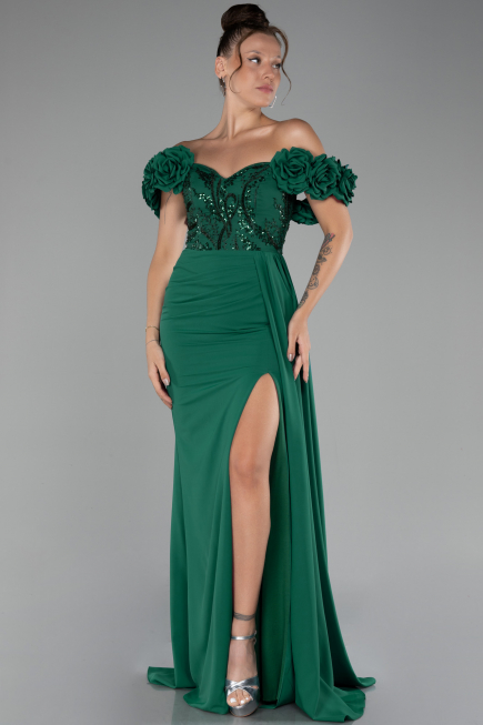 Robe de Soirée Longue Mousseline Émeraude ABU4272