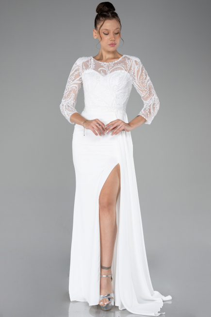 Robe de Soirée Longue Mousseline Blanc ABU4293