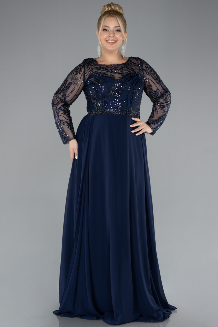 Robe de Soirée Grande Taille Longue Mousseline Bleu Marine ABU4312