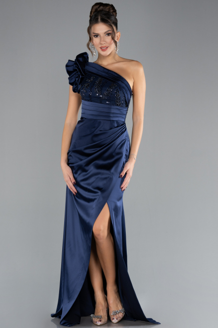 Robe de Soirée Longue Satin Bleu Marine ABU4325