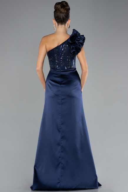 Robe de Soirée Longue Satin Bleu Marine ABU4325