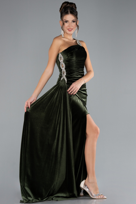 Robe De Soirée Velours Longue Kaki ABU3365