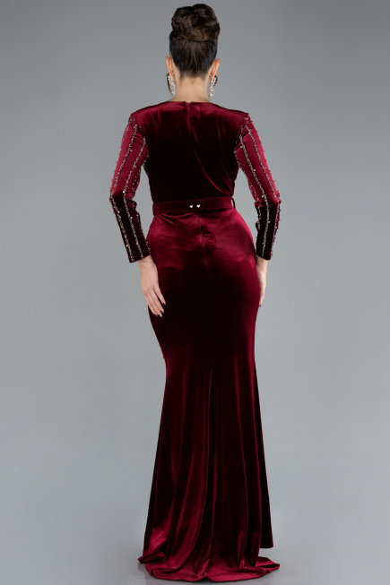 Robe De Soirée Velours Longue Rouge Bordeaux ABU4282