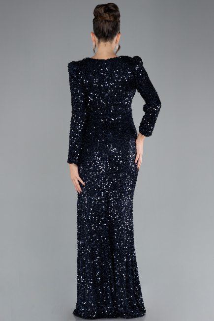 Robe de Soirée Longue Squameuse Bleu Marine ABU4329