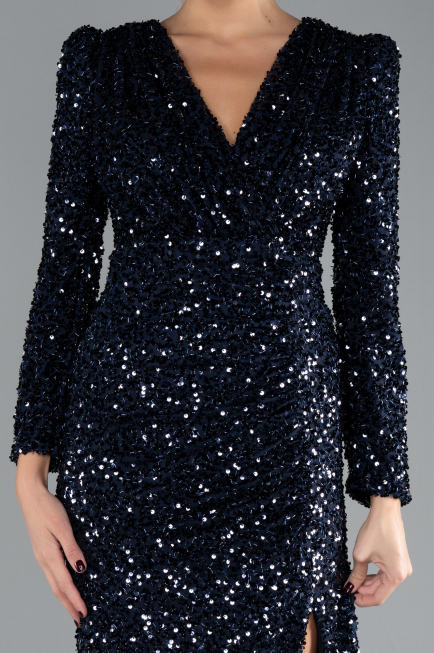 Robe de Soirée Longue Squameuse Bleu Marine ABU4329