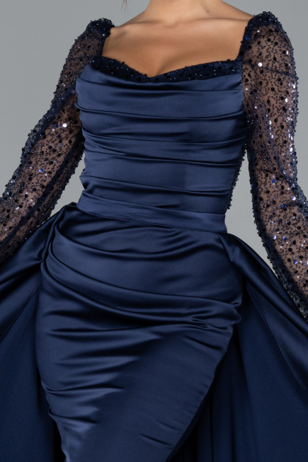 Robe Queue de Poisson Longue Satin Bleu Marine ABU4332