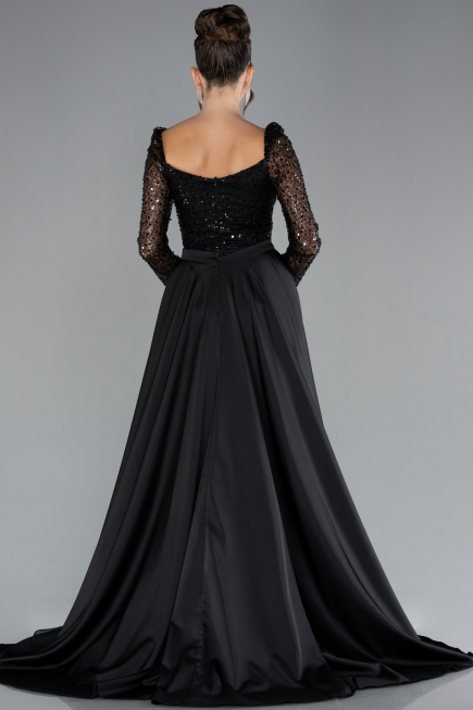 Robe Queue de Poisson Longue Satin Noir ABU4332