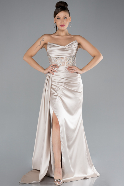 Robe De Soirée Satin Longue Beige ABU4287