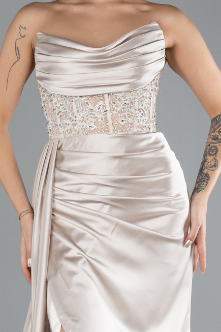Robe De Soirée Satin Longue Beige ABU4287