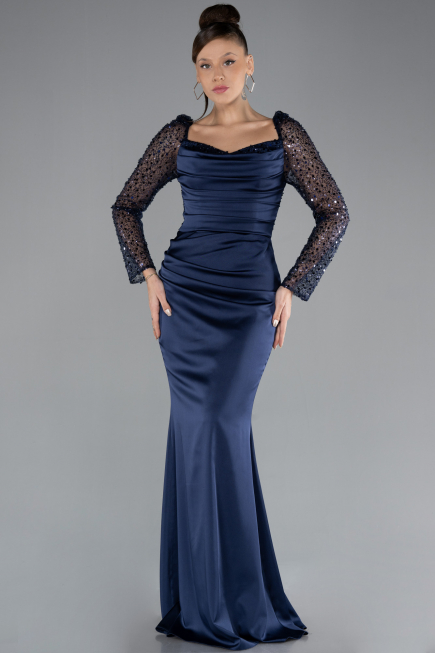Robe Queue de Poisson Longue Satin Bleu Marine ABU4332
