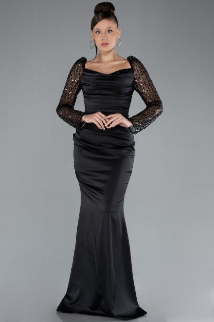 Robe Queue de Poisson Longue Satin Noir ABU4332