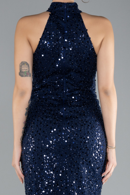 Robe de Soirée Longue Squameuse Bleu Marine ABU4376