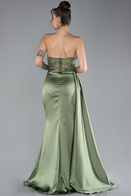 Robe De Soirée Satin Longue Kaki ABU4366