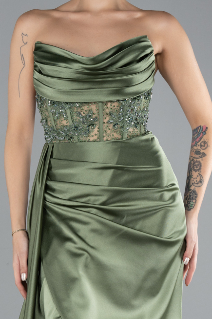 Robe De Soirée Satin Longue Kaki ABU4366