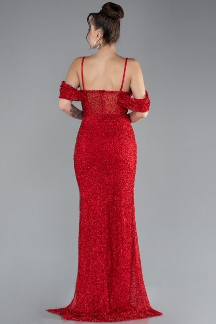 Robe de Soirée Longue Perlé Rouge ABU4394