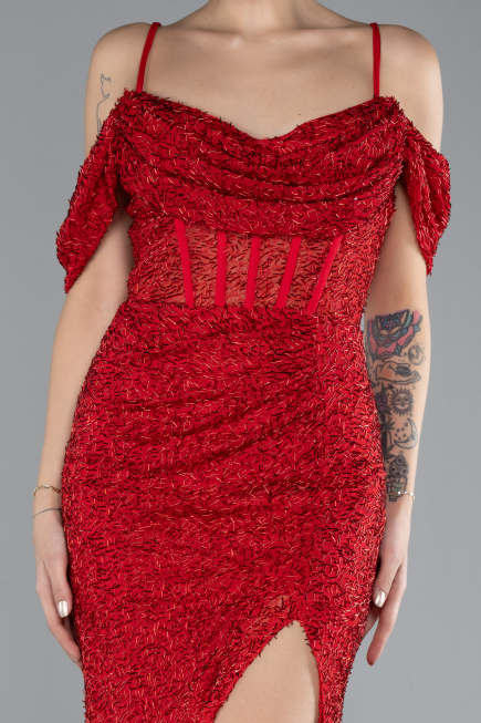 Robe de Soirée Longue Perlé Rouge ABU4394