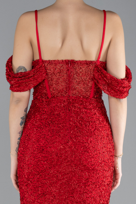 Robe de Soirée Longue Perlé Rouge ABU4394