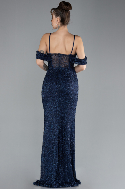 Robe de Soirée Longue Perlé Bleu Marine ABU4394