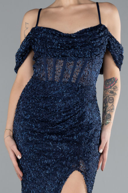 Robe de Soirée Longue Perlé Bleu Marine ABU4394
