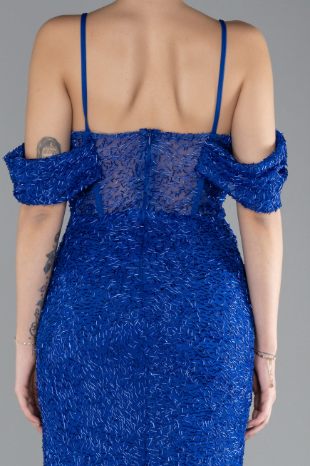 Robe de Soirée Longue Perlé Bleu Saxe ABU4394