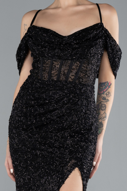 Robe de Soirée Longue Perlé Noir ABU4394