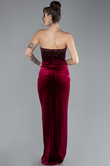 Robe de Soirée Longue Velours Rouge Bordeaux ABU4405