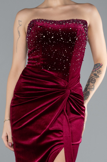 Robe de Soirée Longue Velours Rouge Bordeaux ABU4405