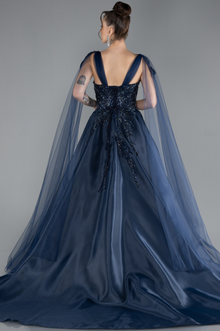 Robe de Fiançailles Design Personnalisé Longue Bleu Marine ABU4432