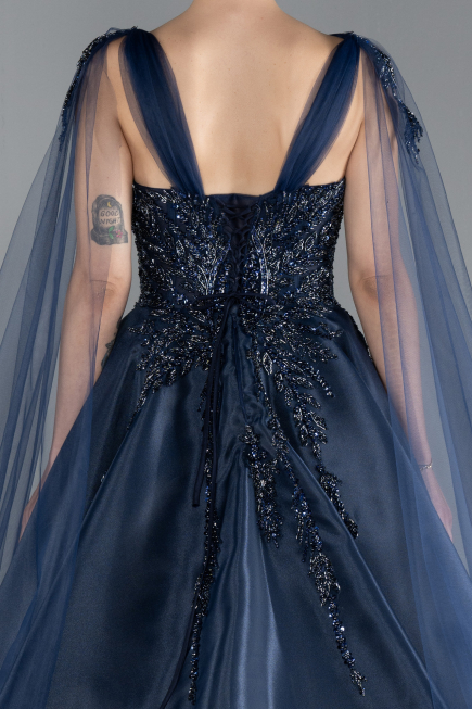 Robe de Fiançailles Design Personnalisé Longue Bleu Marine ABU4432