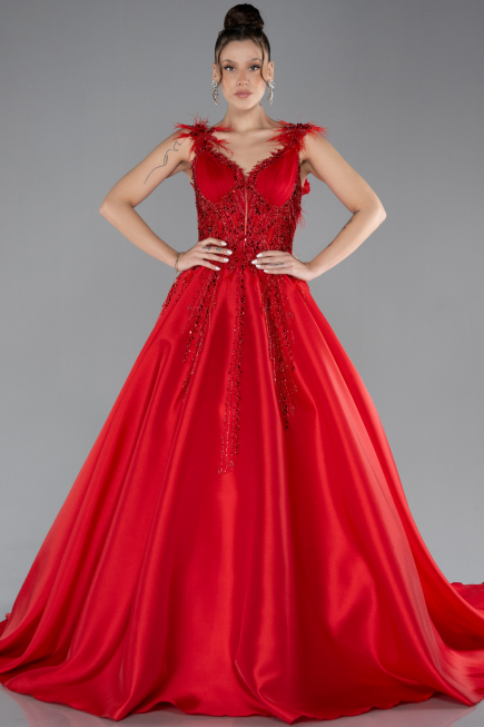 Robe de Fiançailles Design Personnalisé Longue Rouge ABU4436