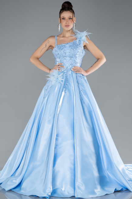 Robe De Soirée De Créateur Longue Satin Bleu ABU4438