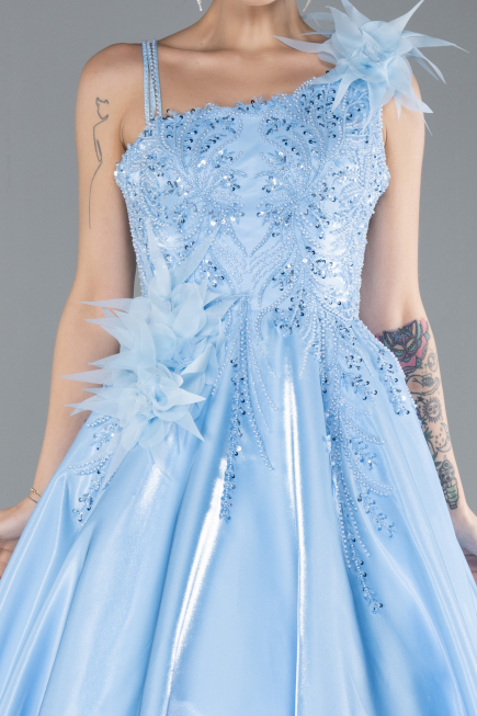 Robe De Soirée De Créateur Longue Satin Bleu ABU4438