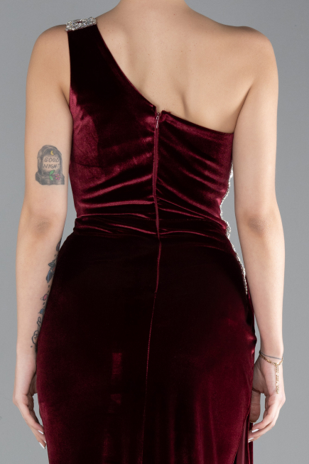 Robe de Soirée Longue Velours Rouge Bordeaux ABU3365